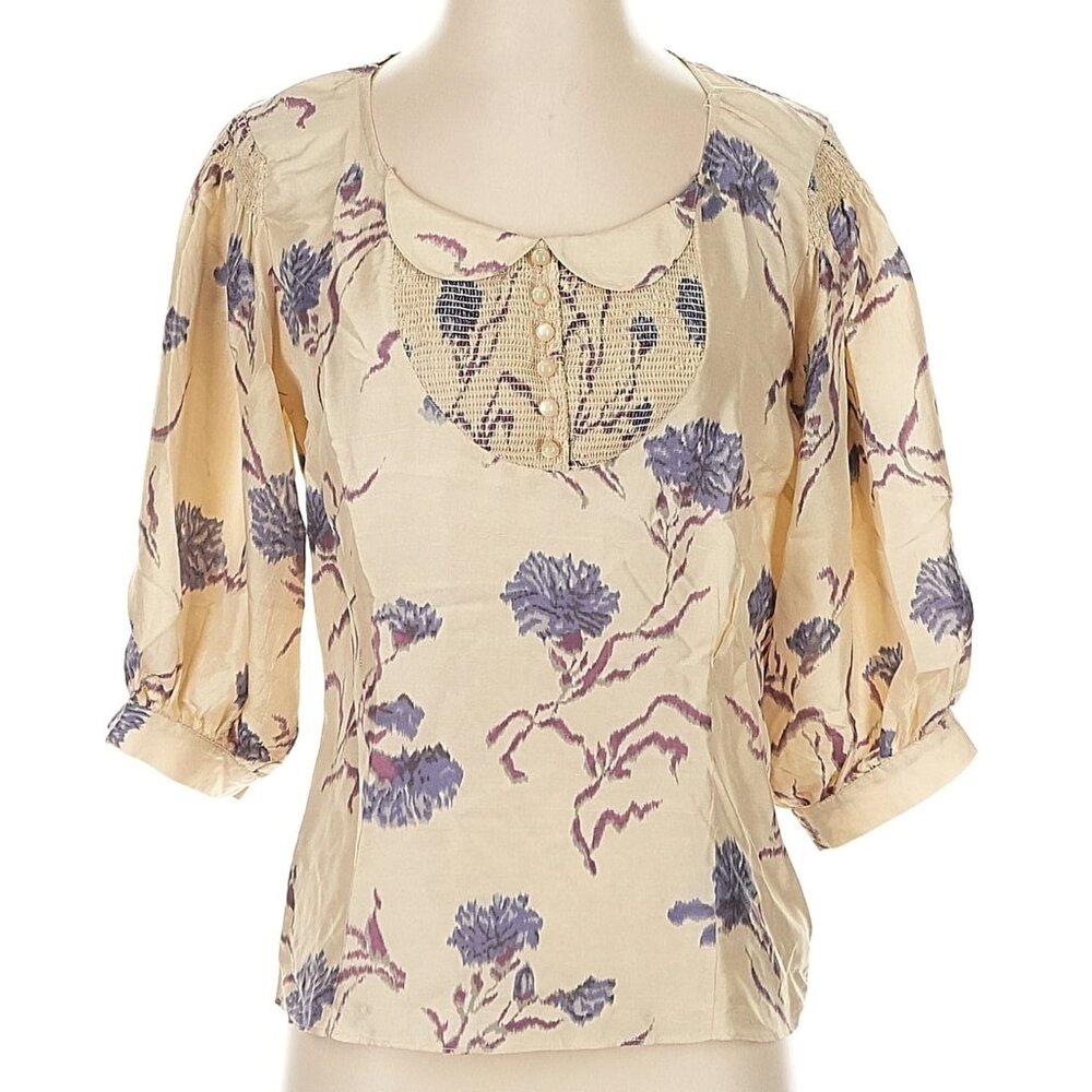 Girls from Savoy Silk Blouse Size 8 3/4 Puff Sleeve Beige Peter Pan Collar